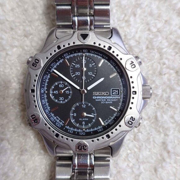 Seiko 7T32-6E40 JDM Chronograph Quartz Men's Watch Gray Dial Stainless Working - Picture 9 of 10